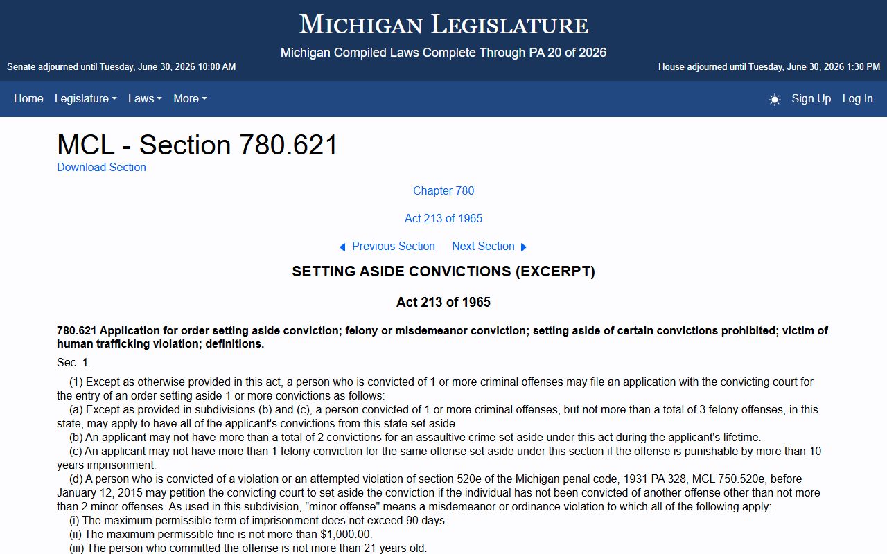 Ionia County charge records and Michigan set-aside statute