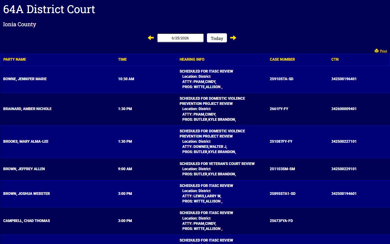 Ionia County court dockets district hearing schedule display