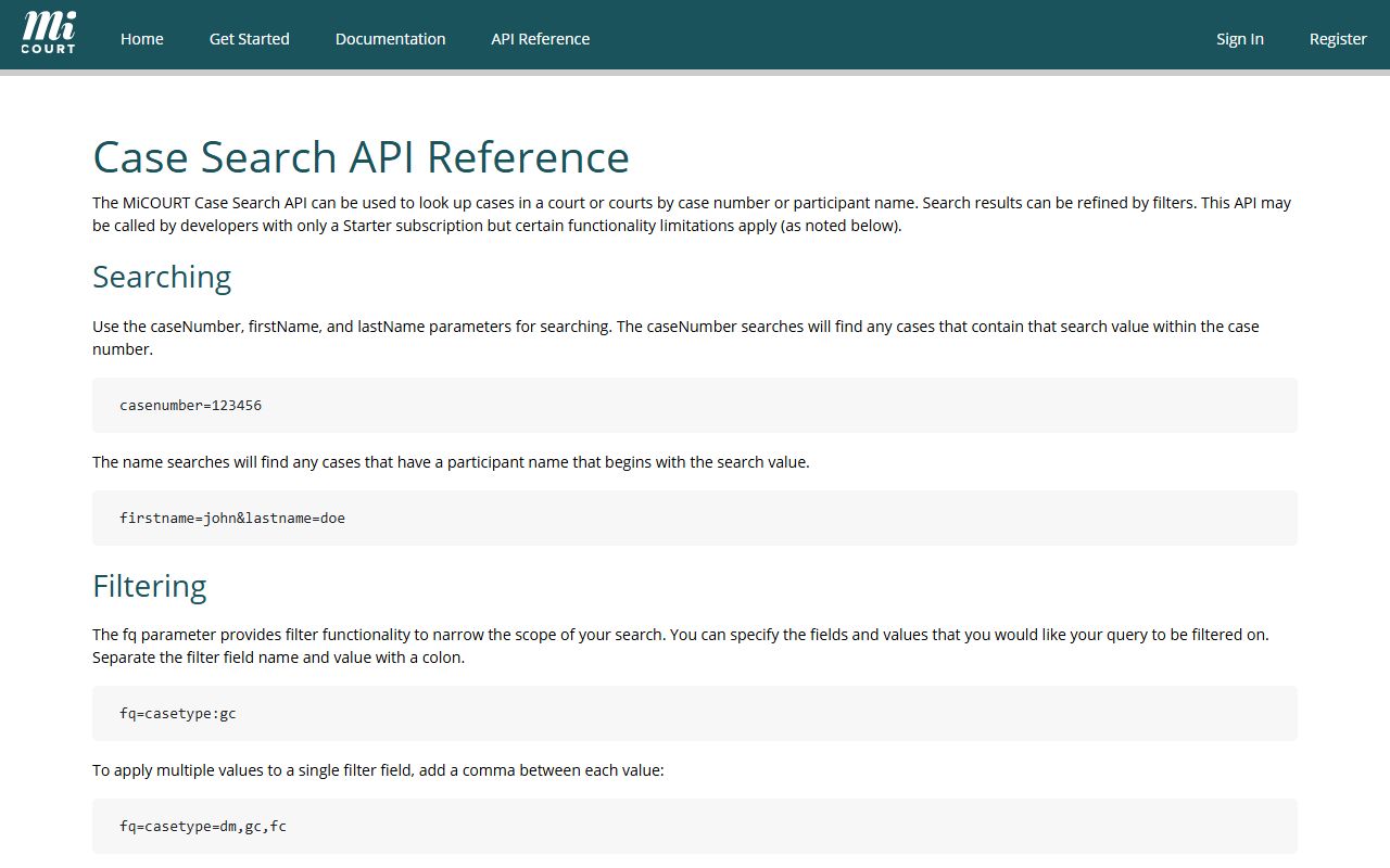 Ionia County court dockets MiCOURT case-search API reference