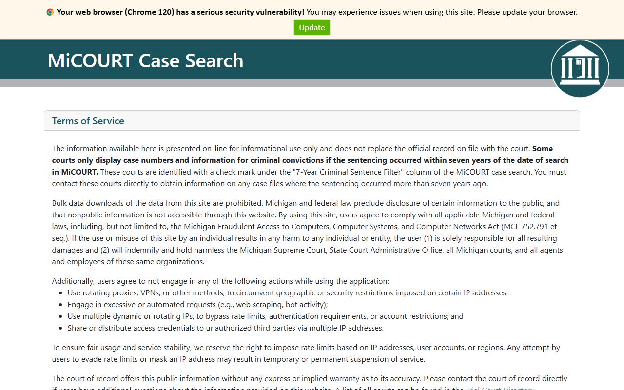 Ionia County court records search on the MiCOURT public case-search portal