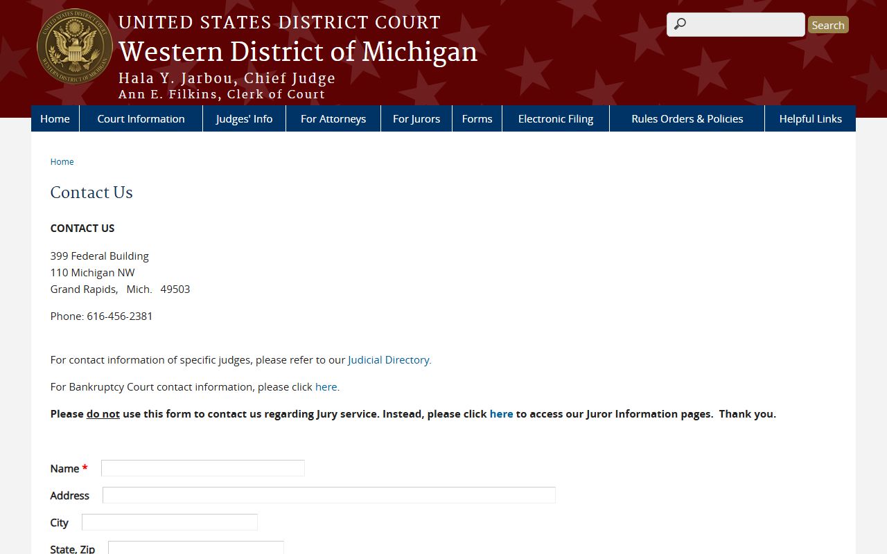 Ionia County federal criminal court records contact page for the Western District of Michigan