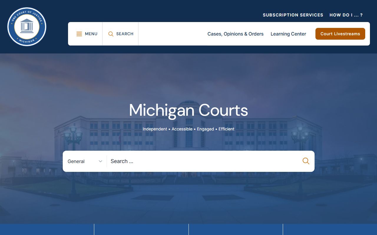 Michigan courts homepage used for Ionia County court records searches