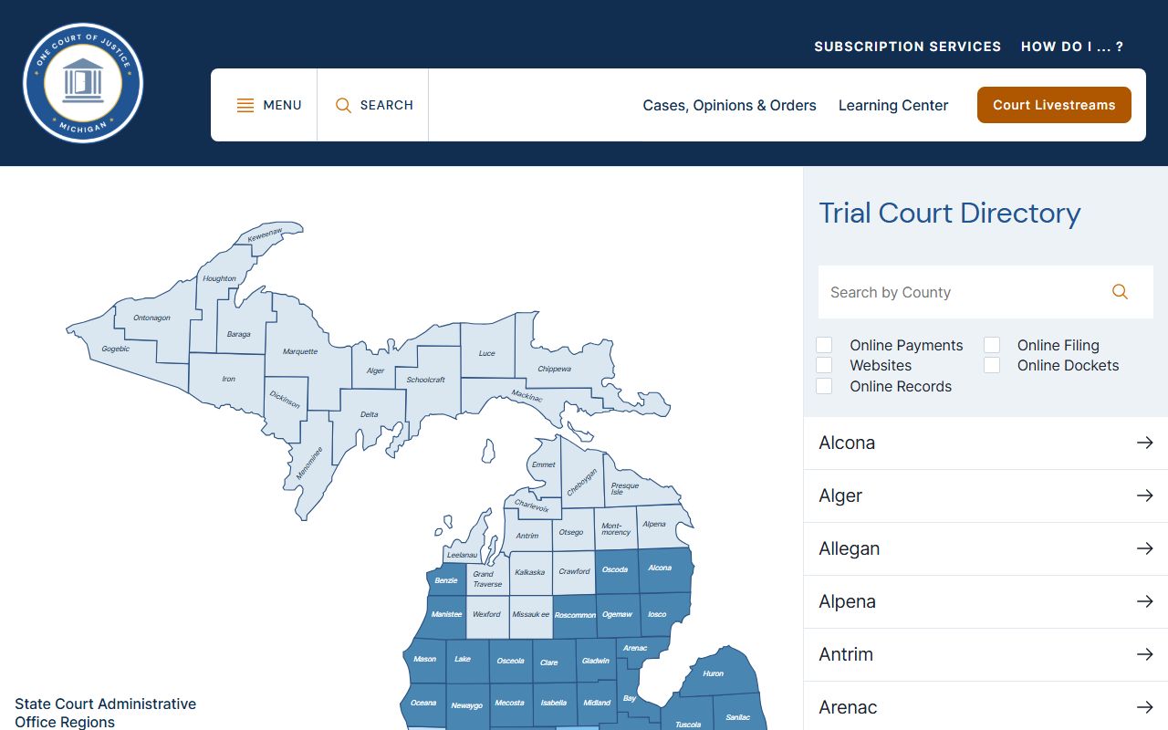 Michigan trial court directory listing Ionia County court records offices
