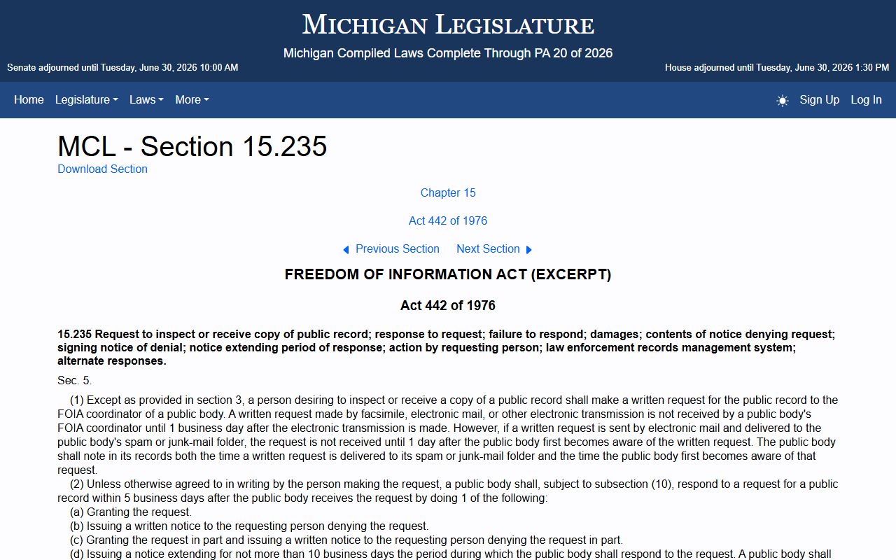 Ionia County traffic court records Michigan FOIA procedures and fees statute