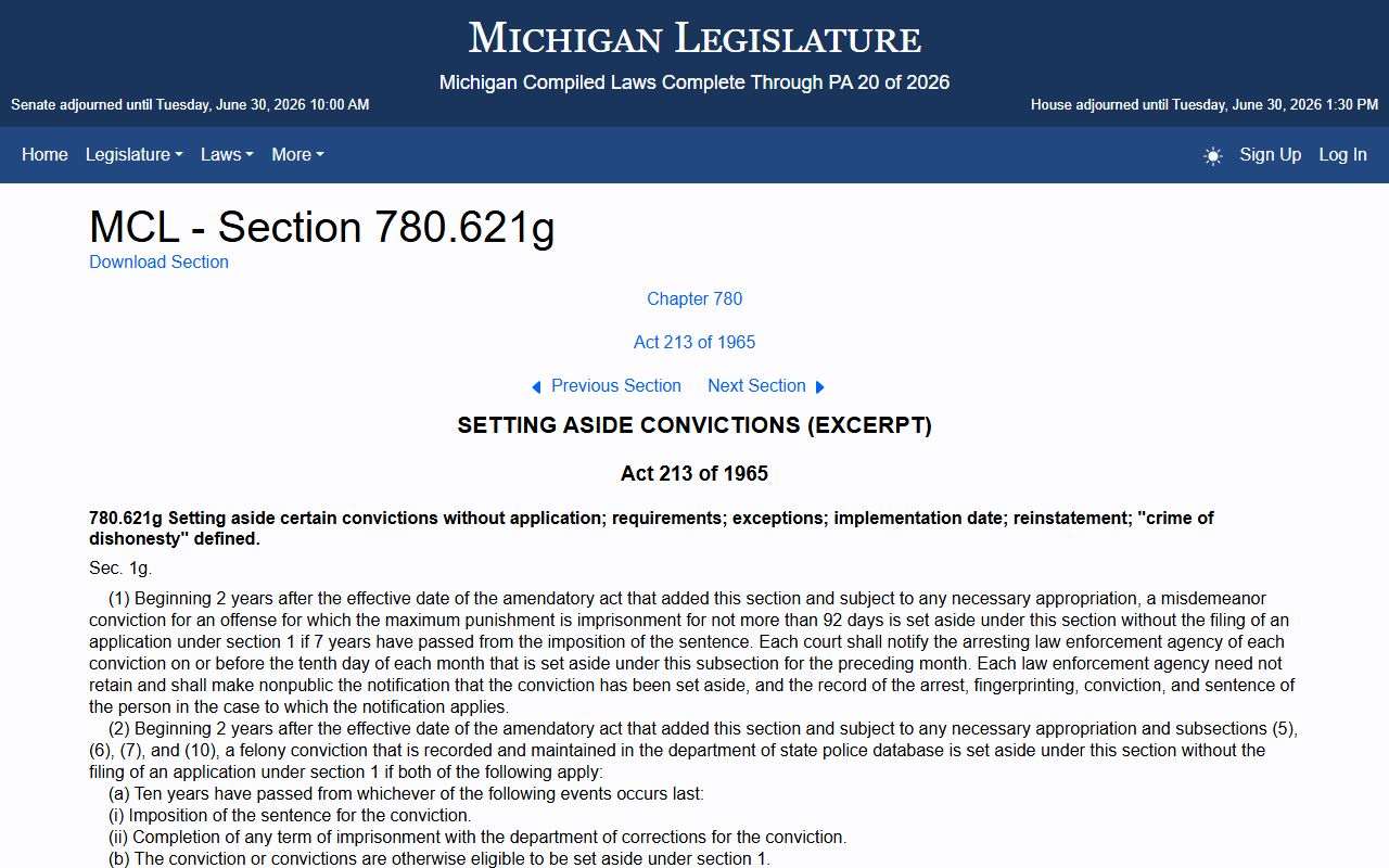 Ionia County traffic court records Michigan clean slate expungement statute