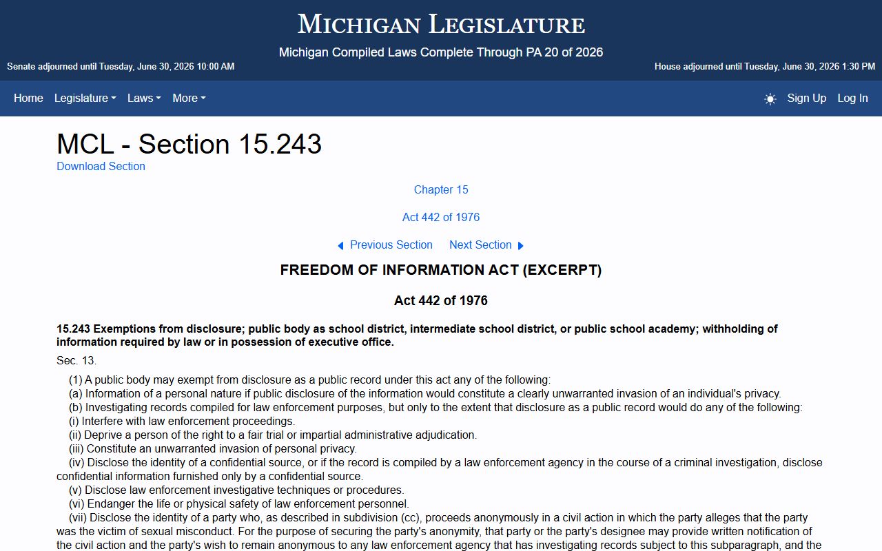 Ionia County warrant records access under the Michigan FOIA exemptions statute